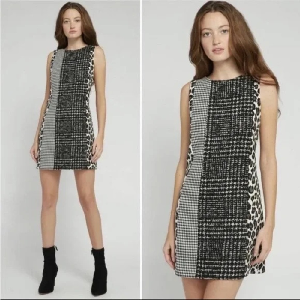 Alice + Olivia Clyde Patchwork A‑Line Shift Dress Leopard Tweed Sz 8